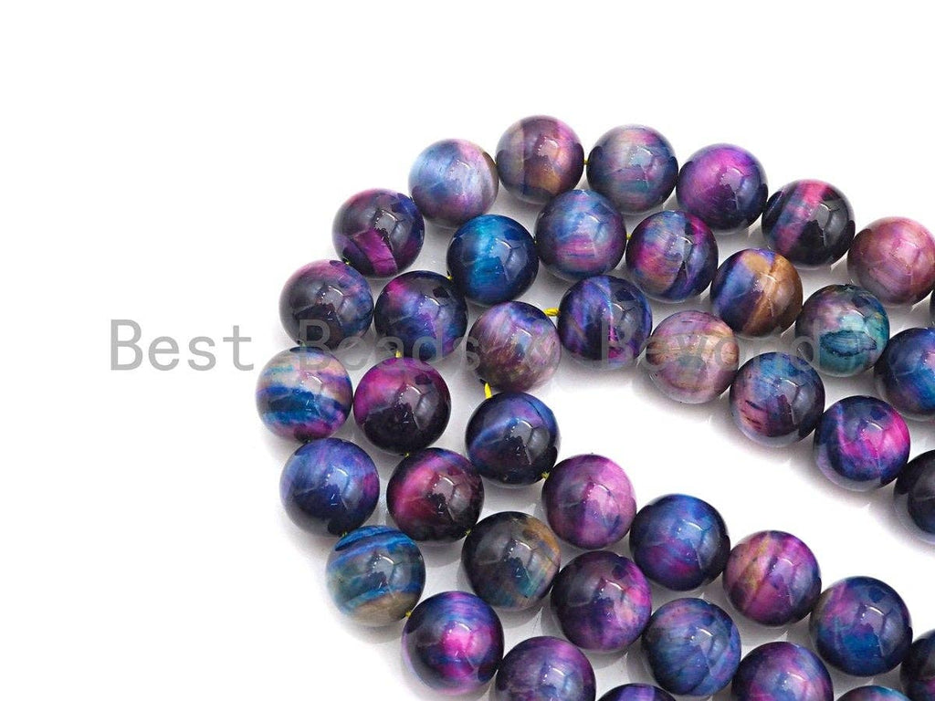 NEW GALAXY COLOR!! Natural Tiger eye Beads Round 10mm/12mm, Galaxy Tiger Eye Beads, Purple Blue Pink Gemstone, 16" Full strand, sku#U597