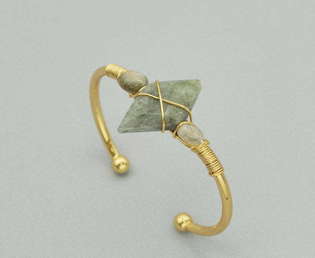 Natural Gemstone Wire Wrapped Gold Cuff Bracelet, SKU#LY26